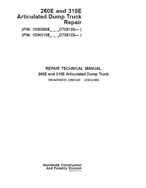 John Deere 260E, 310E Articulated Dump Truck Technical Manual (S.N. D708125 - )