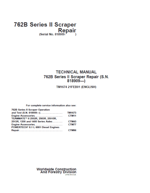 John Deere 762B Series II Scraper Repair Technical Manual (S.N after 818909)