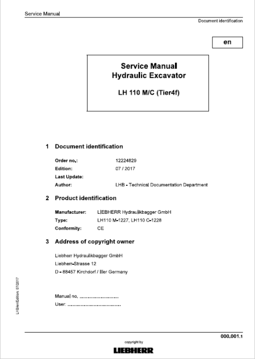 Liebherr LH110C, LH110M Tier 4F Hydraulic Excavator Service Manual