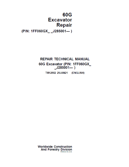 John Deere 60G Excavator Repair Technical Manual (S.N after J285001 - )