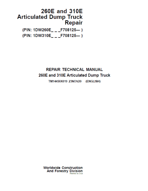 John Deere 260E, 310E Articulated Dump Truck Technical Manual (S.N. F708125 - )