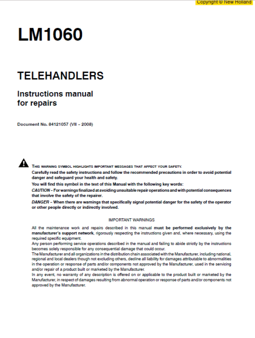 New Holland LM1060 Telehandlers Service Manual