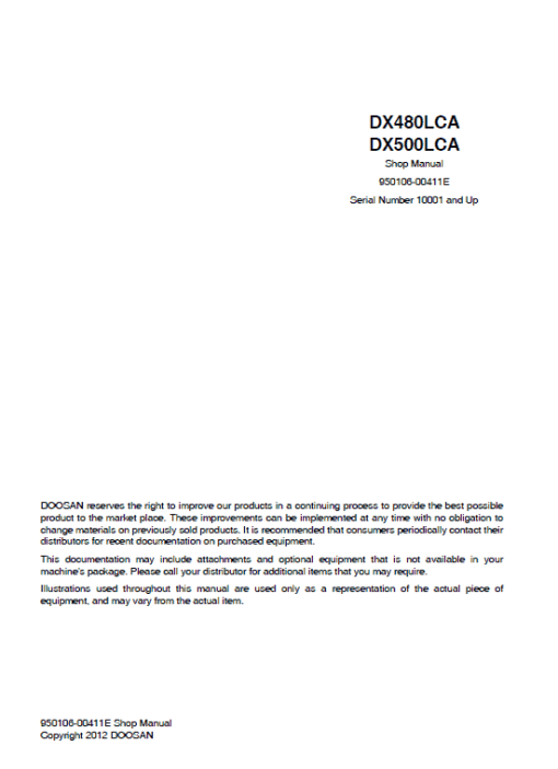 Doosan DX480LCA and DX500LCA Excavator Service Manual