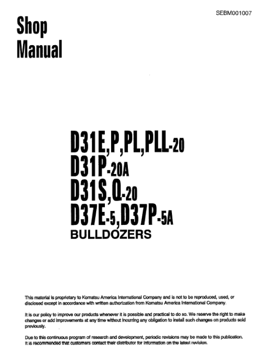 Komatsu D31P-20A, D31S-20, D31Q-20, D37E-5, D37P-5A Dozer Manual