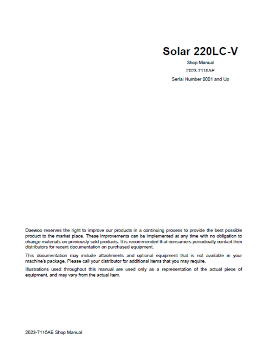 Daewoo Solar S220LC-V Excavator Service Manual