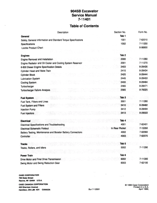 Case 9045B Excavator Service Manual