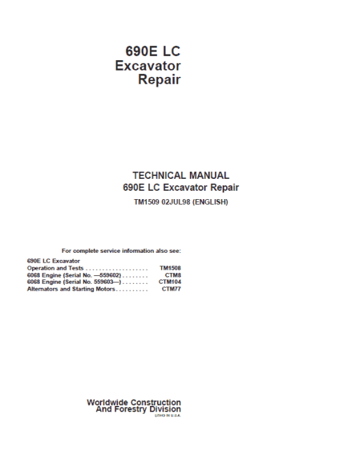 John Deere 690E LC Excavator Repair Technical Manual