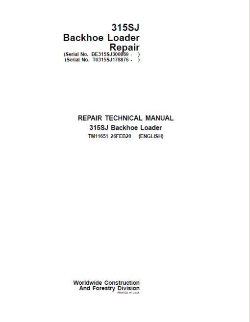 John Deere 315SJ Backhoe Loader Manual (S.N after BE315SJ300869 & T0315SJ178876 - )