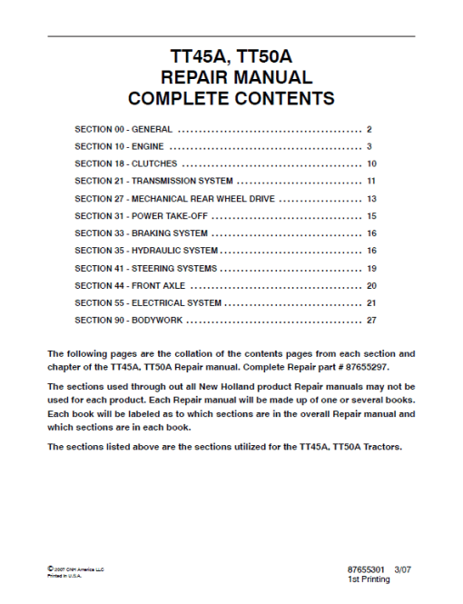 New Holland TT45A, TT50A Tractor Service Manual