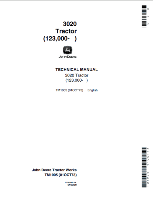 John Deere 3020 Row-Crop Tractor Repair Technical Manual (SN. from 123000 -)