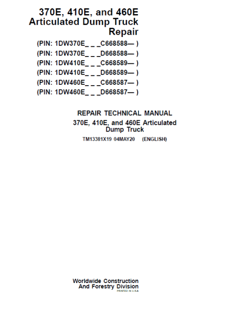 John Deere 370E, 410E, 460E Dump Truck Technical Manual (S.N. after C634583 & D668586 - )