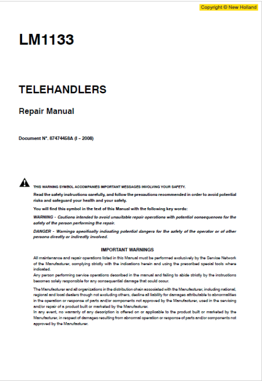 New Holland LM1133 Telehandlers Service Manual