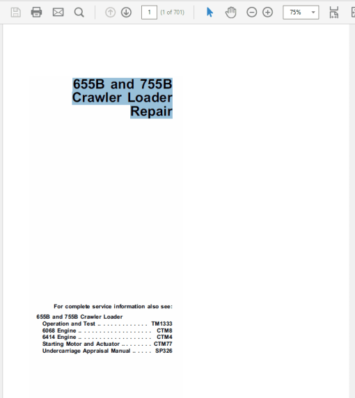 John Deere 655B, 755B Crawler Repair Technical Manual