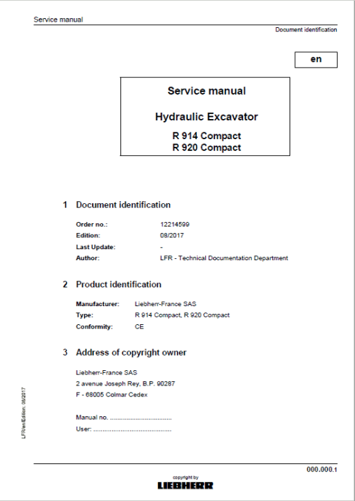 Liebherr R914 Compact, R920 Tier 4F Compact Excavator Service Manual