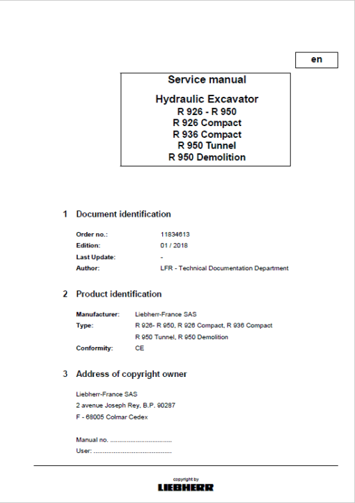 Liebherr R926, R936, R946, R950 Tier 4F Hydraulic Excavator Service Manual