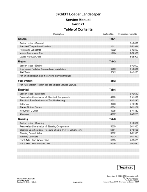 Case 570MXT Loader Landscaper Service Manual