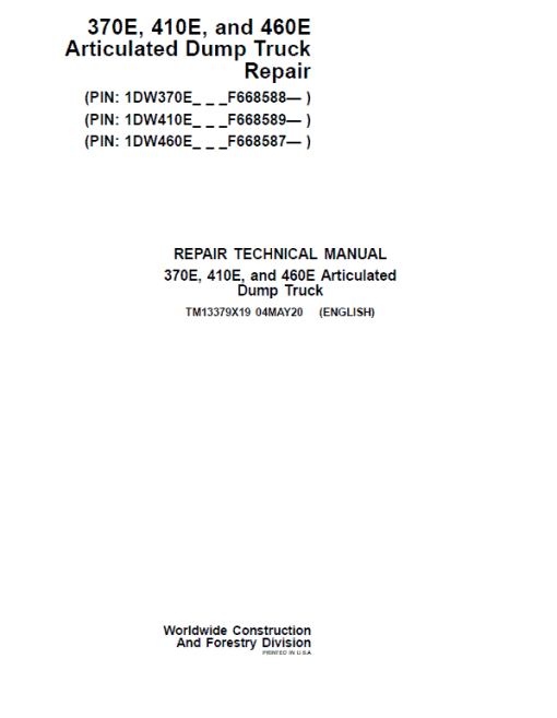 John Deere 370E, 410E, 460E Dump Truck Technical Manual (S.N. F634583 - F668586 )