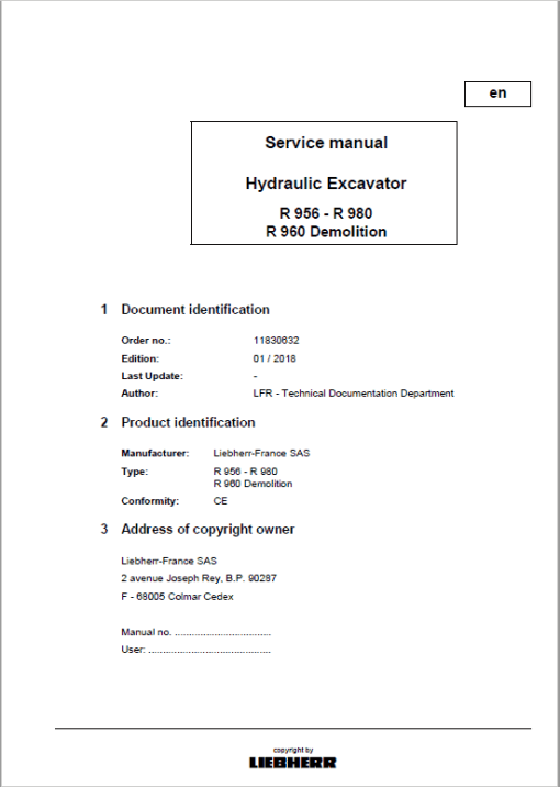 Liebherr R956, R960, R966, R970, R976, R980 Tier 4F Excavator Service Manual