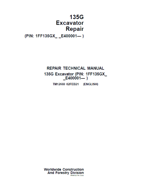 John Deere 135GLC Excavator Repair Technical Manual (S.N after E400001 - )