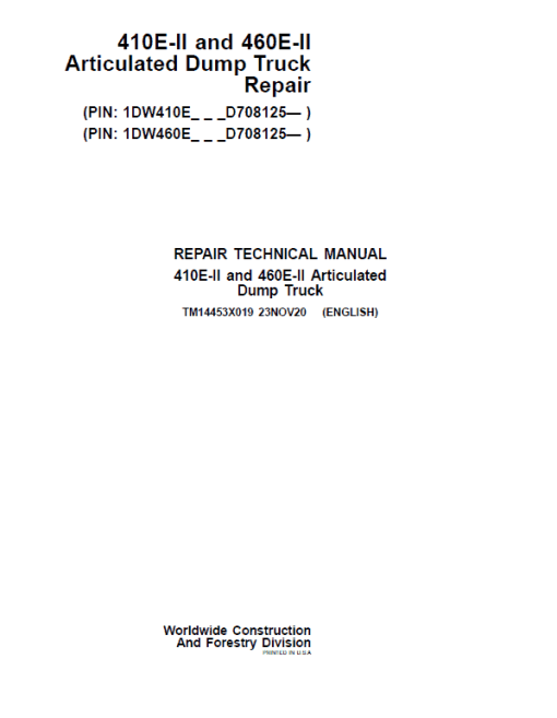 John Deere 410E II, 460E II Articulated Dump Truck Technical Manual (S.N. D708125 - )