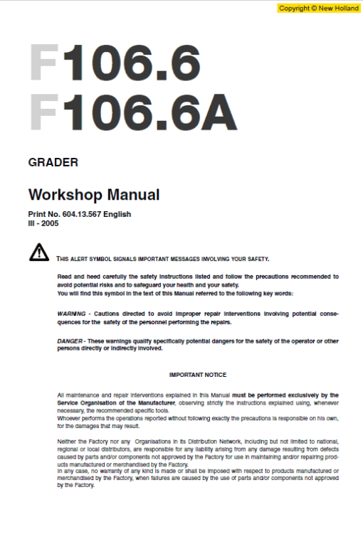 New Holland F106.6 and F106.6A Grader Service Manual