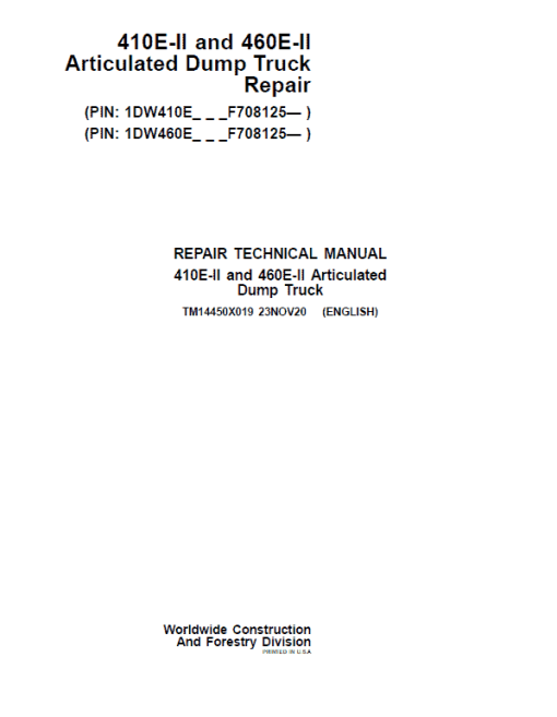 John Deere 410E II, 460E II Articulated Dump Truck Technical Manual (S.N. F708125 - )