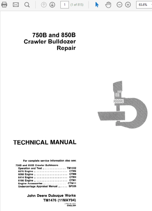 John Deere 750B, 850B Crawler Repair Technical Manual (TM1476)