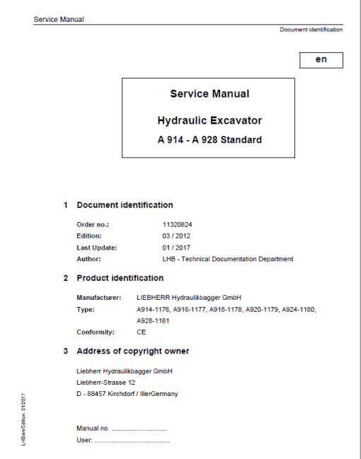 Liebherr A914, A916, A918, A920, A924, A928 Standard Excavator Service Manual