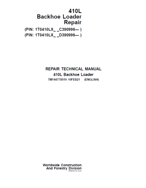 John Deere 410L Backhoe Loader Technical Manual (S.N C390996 & D390996 - )