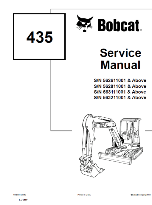 Bobcat 435 Compact Excavator Repair Service Manual