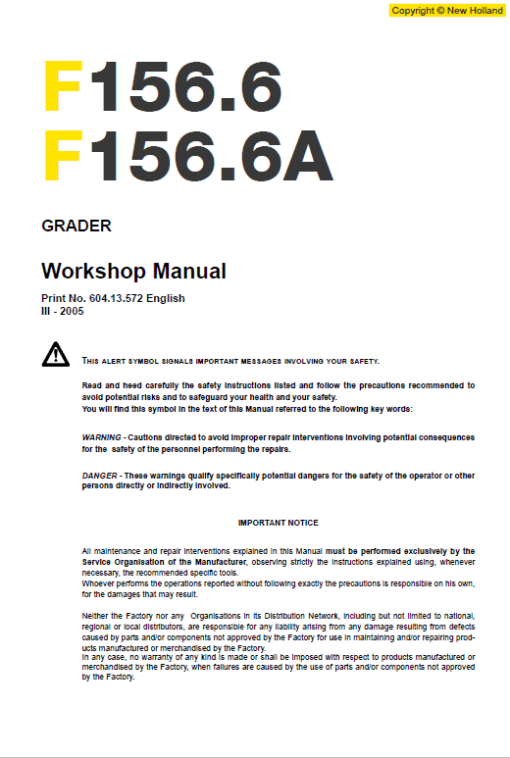 New Holland F156.6 and F156.6A Grader Service Manual