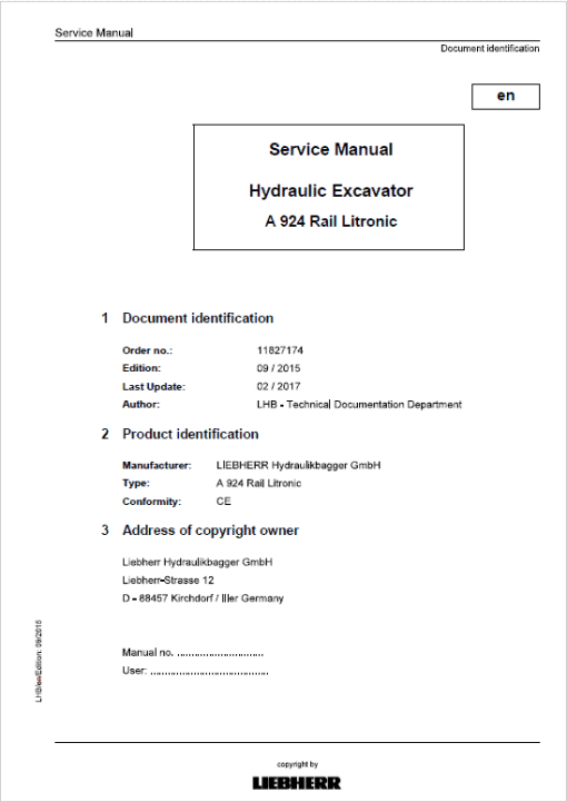 Liebherr A924 Rail Litronic Tier 4i Excavator Service Manual