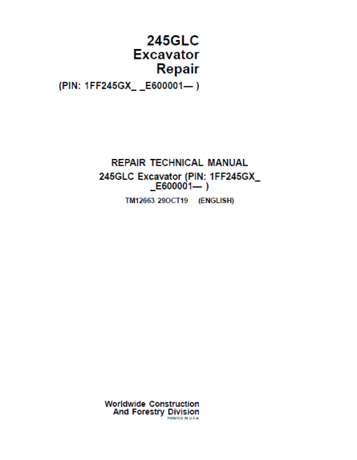 John Deere 245GLC Excavator Repair Technical Manual (S.N after E600001 - )