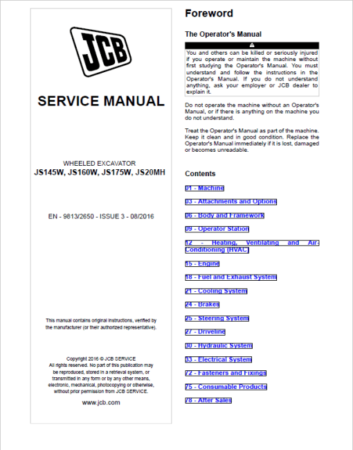 JCB JS130W, JS145W, JS160W, JS175W, JS20MH Wheeled Excavator Service Manual