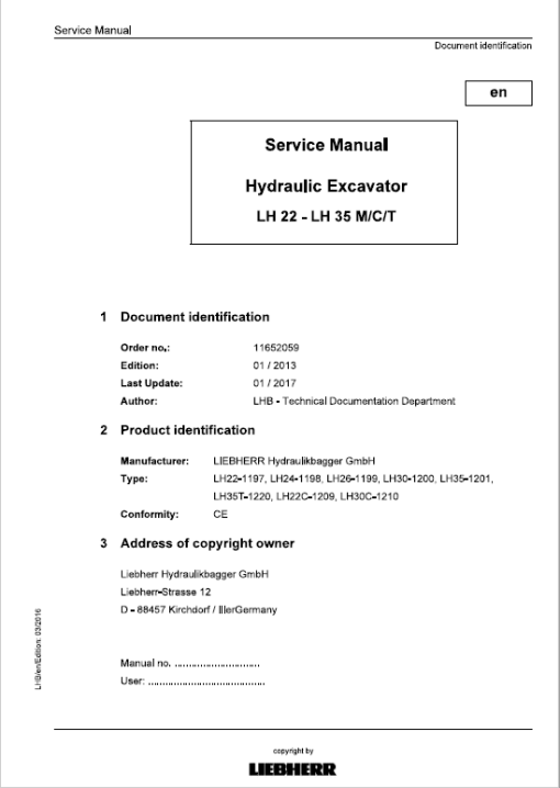 Liebherr LH22C, LH22M, LH24M, LH26M, LH30C, LH30M, LH35M, LH35T Tier 4i Excavator Manual