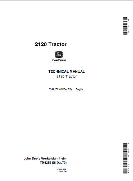 John Deere 2020, 2120 Tractor Repair Technical Manual (Serial 61020L - Up)