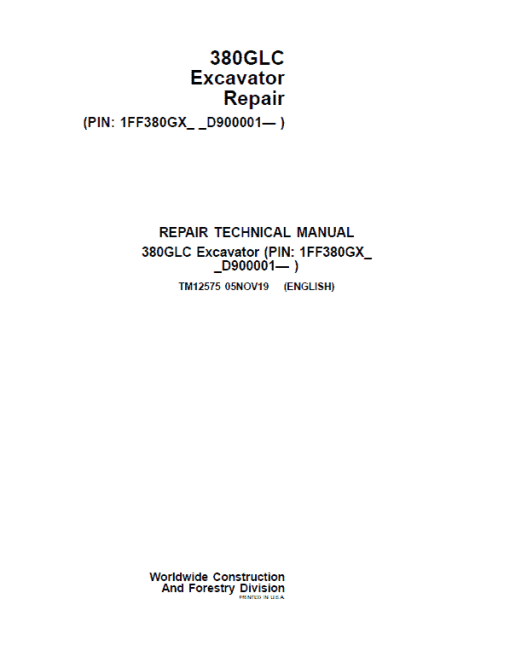 John Deere 380GLC Excavator Repair Technical Manual (S.N after D900001 - )