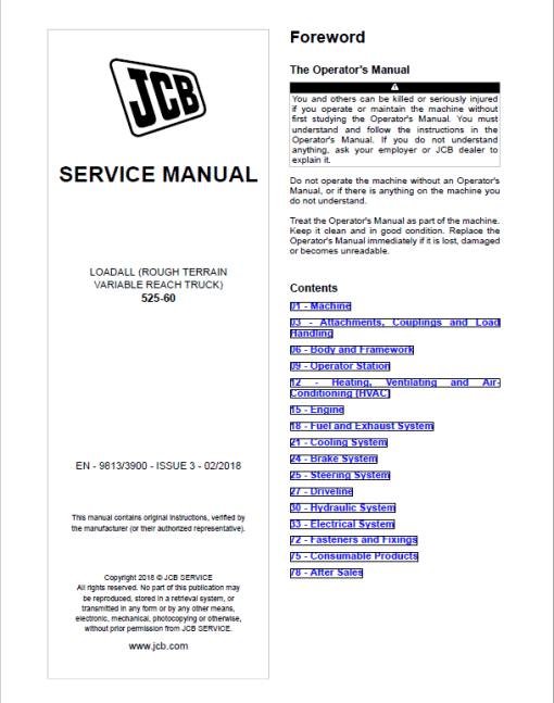 JCB 525-60 Loadall Telescopic Handlers Service Manual