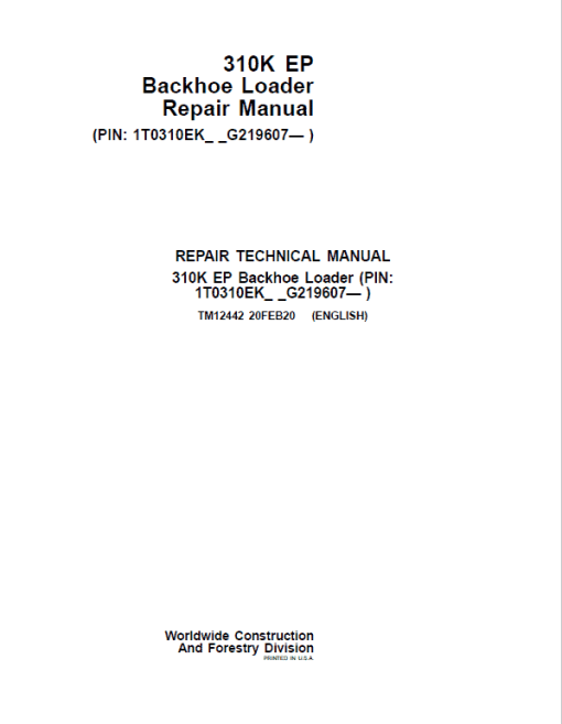 John Deere 310K EP Backhoe Loader Repair Technical Manual (S.N after G219607 - )