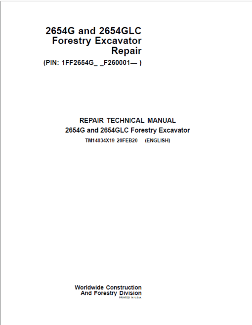 John Deere 2654G, 2654GLC Swing Excavator Repair Technical Manual (S.N after F260001 - )