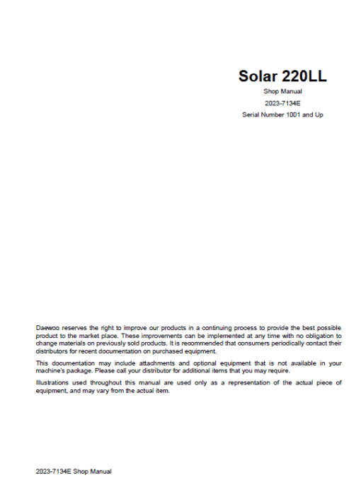 Daewoo Solar S220LL Excavator Service Manual