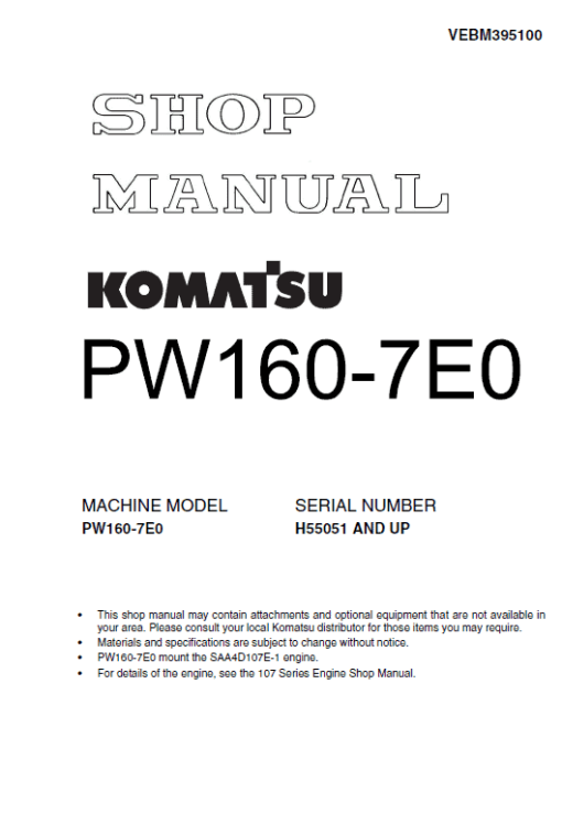 Komatsu PW160-7 Excavator Service Manual