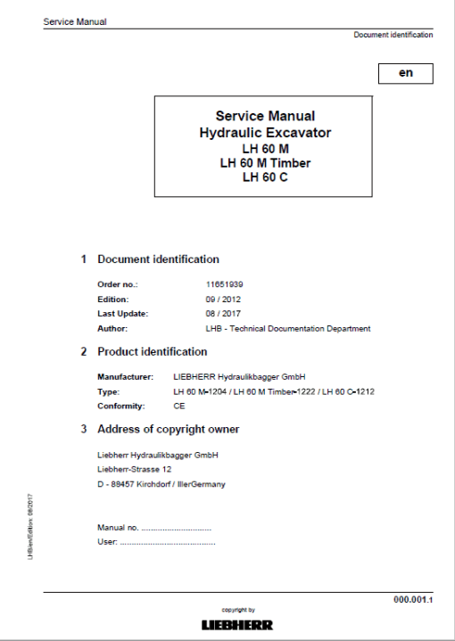 Liebherr LH60M, LH60M Timber, LH60C Tier 4i Excavator Service Manual