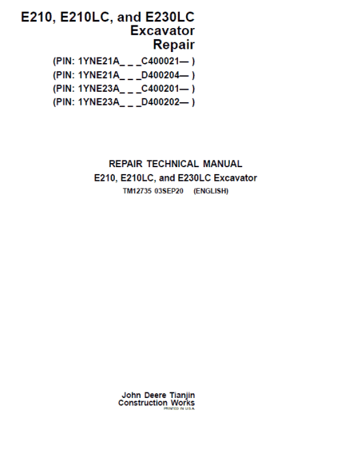 John Deere E210, E210LC, E230LC Excavator Technical Manual (S.N after C400021 & D400202)