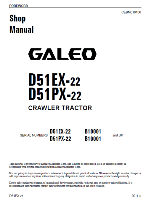 Komatsu Galeo D51EX-22, D51PX-22 Dozer Service Manual