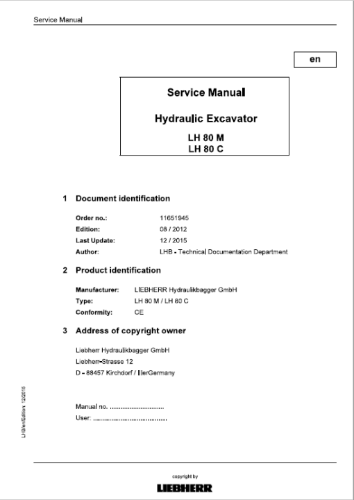 Liebherr LH80M, LH80C Tier 4i Hydraulic Excavator Service Manual