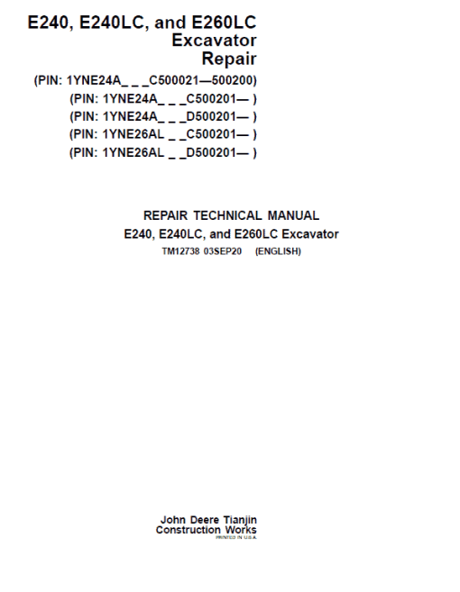 John Deere E240, E240LC, E260LC Excavator Technical Manual (S.N after C500201 & D500201)