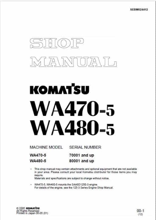 Komatsu WA470-5, WA480-5, WA470-5H, WA480-5H Wheel Loader Service Manual