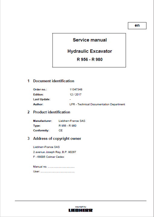 Liebherr R956, R960 SME, R966, R970 SME, R976, R980 SME Excavator Manual