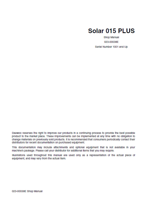 Daewoo Solar S015 Plus Excavator Service Manual